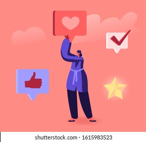 Thank You Concept. Young Woman Social Media Blogger or Follower Holding Huge Heart Icon in Hands with Internet Icons Thumb Up, Rating Star and Check Mark around. Cartoon Flat Vector Illustration