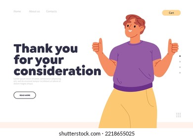 Thank you for consideration concept of landing page with happy man with thumbs up, express agreement and approval. Positive person gesture like, super with hands and fingers. Flat vector illustration