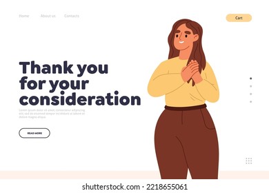 Thank you for consideration concept of landing page with happy woman hold hands at chest grateful and thankful at heart. Smiling girl show love, compassion and care. Cartoon flat vector illustration.