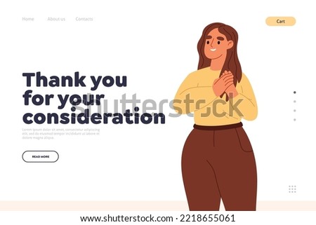 Thank you for consideration concept of landing page with happy woman hold hands at chest grateful and thankful at heart. Smiling girl show love, compassion and care. Cartoon flat vector illustration.