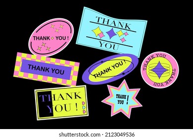 Thank You Cool trendy retro stickers.Thanks lettering illustration vector design. Funky, hipster retrowave stickers in geometric shapes. With Retro Stickers Vector Design.