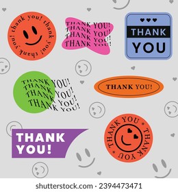 Thank You. Cool Trendy Smile Happy Stickers Vector Design. Abstract Patches stamp