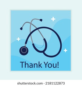 Gracias por cubrirse. Estetoscopio médico para diagnóstico y elección del tratamiento. Dispositivo para escuchar a los pacientes respirando. Diseño de postales de bienvenida e invitación. Dibujo vectorial plano de dibujos animados