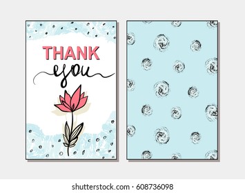 Thank you. Creative card templates for wedding, anniversary, birthday, Valentine's day, party invitations. Blue, pink and black. Vector illustration.