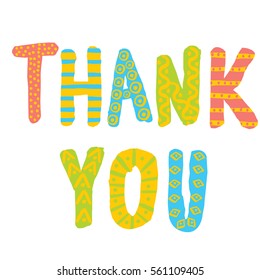 Thank you. Creative hand painted multicolored card. Vector illustration.