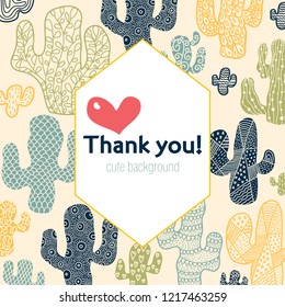 Thank You! Cute vector greeting card with cactus.