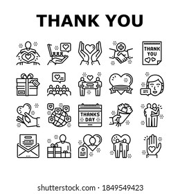 Thank You Day Holiday Collection Icons Set Vector. Thanks Day Calendar Date Event And Message Letter, Heart And Present, Flower Bouquet Gift Black Contour Illustrations