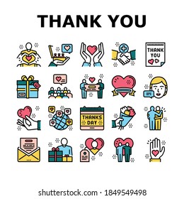 Thank You Day Holiday Collection Icons Set Vector. Thanks Day Calendar Date Event And Message Letter, Heart And Present, Flower Bouquet Gift Concept Linear Pictograms. Color Contour Illustrations