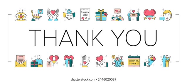 Thank You Day Holiday Collection Icons Set Vector. Thanks Day Calendar Date Event And Message Letter, Heart And Present, Flower Bouquet Gift Concept Linear Pictograms. Color Contour Illustrations