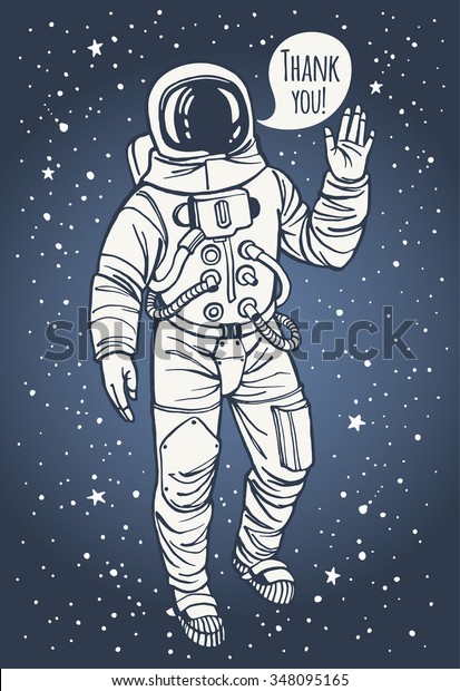 ありがとうございました 敬礼の手を上げた宇宙服を着た宇宙飛行士 ありがとうございました インク描きのコスモノイラスト のベクター画像素材 ロイヤリティフリー