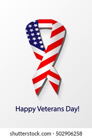 Thank You Day. Veterans day greeting card with ribbon. Honoring all who served. Usa flag. Theme: veterans day, 11th November, patriotism, holiday, war, peace, happiness, pride, America, USA, parade.v