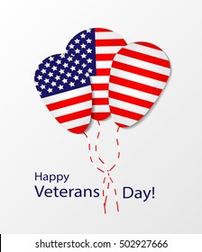 Thank You Day. Veterans day greeting card with balloons. Honoring all who served. Usa flag. Theme: veterans day, 11th November, patriotism, holiday, war, peace, happiness, pride, America, USA, parade.