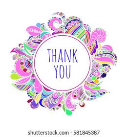 ?ard "thank you" with decorative abstract figures. The thank card template in doodle style. Bright colorful pattern.
