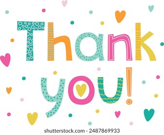 Thank you! Decorative hand drawn lettering. Vector colorful greeting card design