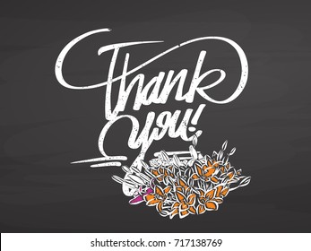Thank you decorative lettering on chalkboard, handdrawn vector sketch, clean outlines, vintage style blackboard.