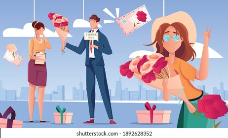 Thank you design concept with cute cartoon funny girl holding bouquet of flowers flat vector illustration