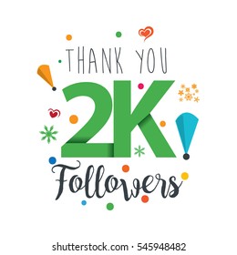 Thank you design template for social network and follower. Web user celebrates a large number of subscribers or followers. 2K Followers