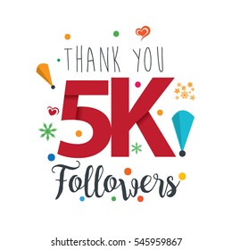 Thank you design template for social network and follower. Web user celebrates a large number of subscribers or followers. 5K Followers