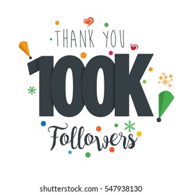 Thank you design template for social network and follower. Web user celebrates a large number of subscribers or followers. 100K Followers