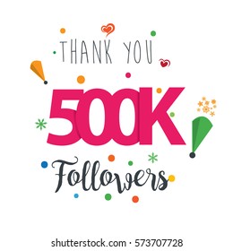 Thank you design template for social network and follower. Web user celebrates a large number of subscribers or followers. 500K Followers