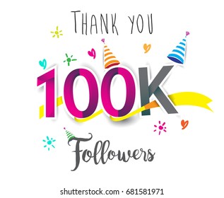 Thank you design template for social network and follower. Web user celebrates a large number of subscribers or followers. Thanks for 100k followers