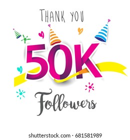 Thank you design template for social network and follower. Web user celebrates a large number of subscribers or followers. Thanks for 50k followers