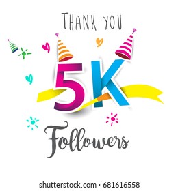 Thank you design template for social network and follower. Web user celebrates a large number of subscribers or followers. Thanks for 5K followers