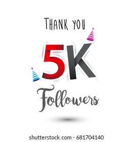 Thank you design template for social network and follower. Web user celebrates a large number of subscribers or followers. Thanks for 5k followers.