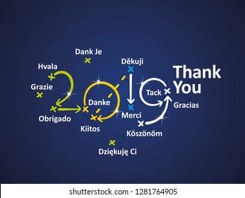 Thank You in different languages 2019 blue background vector