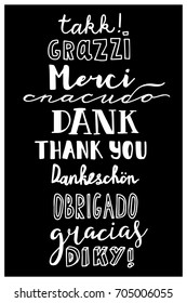 Thank you in different languages, beautiful hand-written fonts on a black background