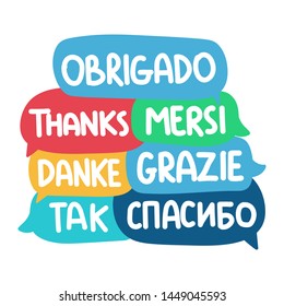 Thank you in different languages. Multilingual concept. Set of hand drawn vector speech bubbles illustrations on white background.