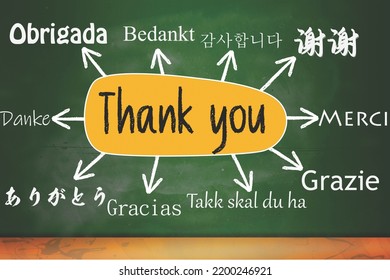 Thank You in different languages on chalkboard, 3d rendering