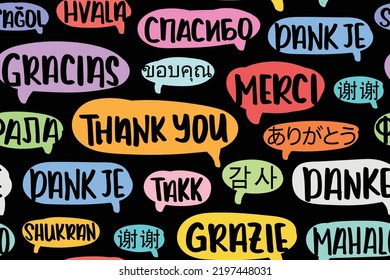 Thank you in different languages in speech bubbles. Seamless pattern repeating texture background design for fashion fabrics, textile graphics, prints.