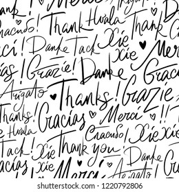 Thank you in different languages of the world. Seamless vector handwritten pattern of Thanks