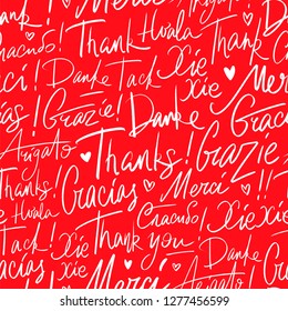 Thank you in different languages of the world. Seamless vector handwritten pattern of Thanks