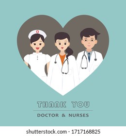 Thank You Doctor And Nurse. Picture Of Doctors And Nurses In A Brown Heart. Vector Illustration, Isolated From Green Background.