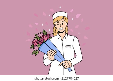 Thank you doctor and Nurses concept. Smiling woman doctor or nurse standing with bouquet of flowers fighting coronavirus vector illustration