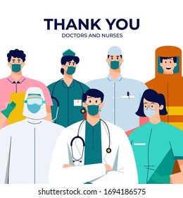 Thank you doctor and Nurses and medical personnel team for fighting the coronavirus. Medicine workers. Group of hospital medical specialists standing together: doctor, surgeon, physician, paramedic.