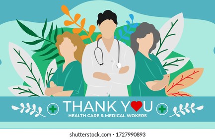 Thank you doctor and Nurses and medical personnel team for fighting the coronavirus in flat style design. Eps 10. Landscape nature background with flat plant for banner, backdrop, greeting card.