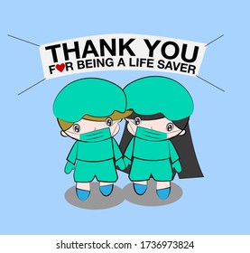 	
Thank you doctor and Nurses and medical personnel team for fighting the new type corona virus or covid-19. vector character with cartoon illustration 