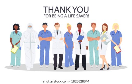 Thank you doctor and Nurses and medical personnel team. Medical people profession modern. Doctor and hospital cartoon vector print.