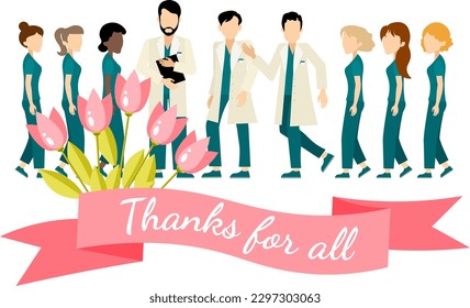 Thank you doctor and nurses. National Nurses Week. Team of doctors and nurses and a pink ribbon with an inscription. Medical design. 