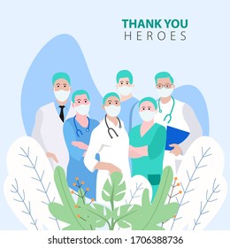 Thank You Doctor And Nurses For Saving Our Lives From COVID-2019, Coronavirus Pandemic. Medical Staff Workers. Stay Home, Help Doctors To Help You. Vector Illustration