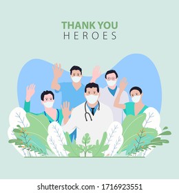 Thank You Doctor and Nurses For Saving Our Lives from COVID-2019, Coronavirus Pandemic. Medical Staff Workers. Stay Home, Help Doctors to Help You. Vector Illustration