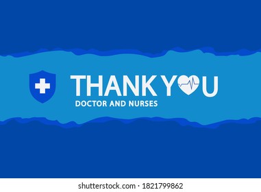 Thank You doctor and nurses text with shield protection symbol and heart on blue background