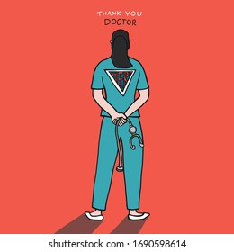 Thank you Doctor, Doctor standing shows hero sign, back view cartoon vector illustration