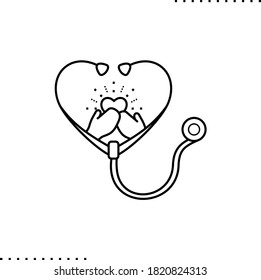 thank you doctor: stethoscope, hands and heart with rays  vector icon in outline