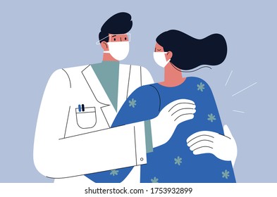 Thank you Doctor. Woman hugs a doctor. Thank you for fighting the coronavirus. Vector flat illustration.