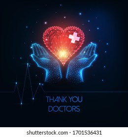 Thank you doctors concept with glowing low polygonal human hands holding red heart with medical cross on dark blue background. Gratitude for health care workers fighting coronavirus. Vector 