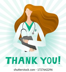 Thank you, doctors concept. Vector flat illustration. Greeting card. Victory over COVID-19.Doctor in uniform with a stethoscope.White background with rays.